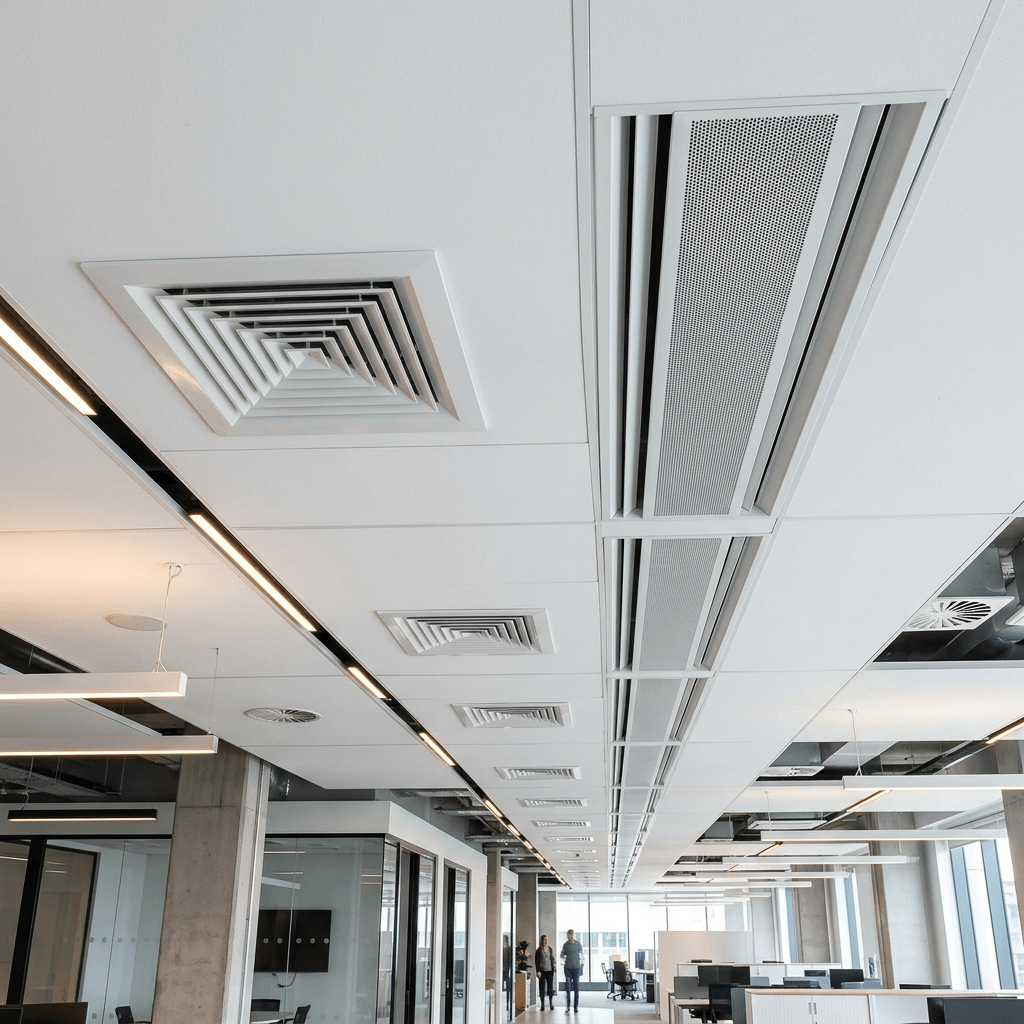Office ceiling with multiple square and rectangular ventilation panels and linear lights